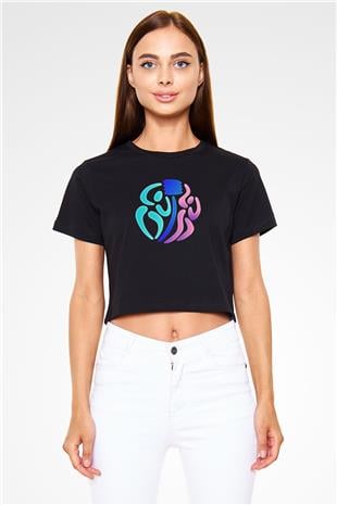 Korfbol Baskılı Crop Top Siyah Kadın Tişört - Tshirt