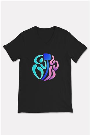 Korfbol Baskılı Unisex Siyah V Yaka Tişört