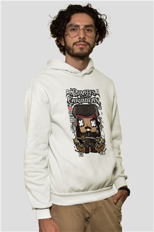 Korsan Jack Baskılı Unisex Beyaz Hoodie