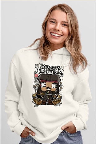 Korsan Jack Baskılı Unisex Beyaz Hoodie