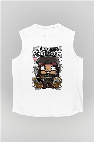 Korsan Jack Baskılı Unisex Beyaz Kolsuz Tişört