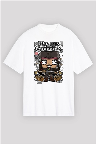 Korsan Jack Baskılı Unisex Beyaz Oversize Tişört