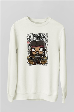 Korsan Jack Baskılı Unisex Beyaz Sweatshirt