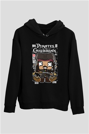 Korsan Jack Baskılı Unisex Siyah Hoodie