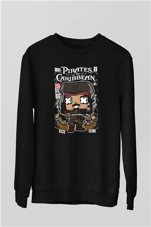 Korsan Jack Baskılı Unisex Siyah Sweatshirt