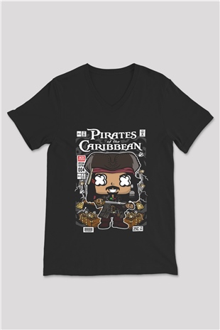 Korsan Jack Baskılı Unisex Siyah V Yaka Tişört