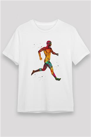 Koşan Kaslı Adam Baskılı Unisex Beyaz Tişört - Tshirt