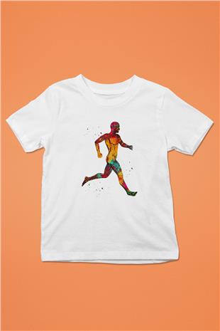 Koşan Kaslı Adam Baskılı Unisex Beyaz Çocuk Tişörtü - Tshirt