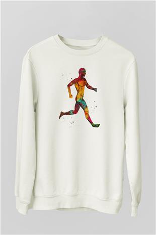 Koşan Kaslı Adam Baskılı Unisex Ekru Sweatshirt