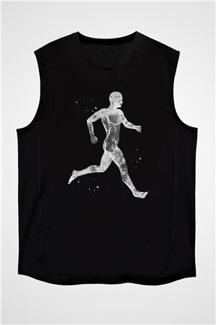 Koşan Kaslı Adam Baskılı Unisex Kolsuz Siyah Tişört - Tshirt