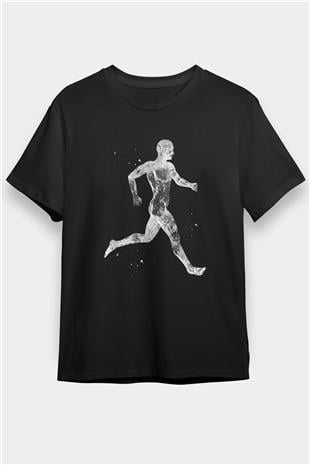 Koşan Kaslı Adam Baskılı Unisex Siyah Tişört - Tshirt
