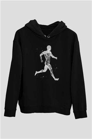 Koşan Kaslı Adam Baskılı Unisex Siyah Kapüşonlu Sweatshirt
