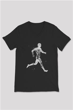 Koşan Kaslı Adam Baskılı Unisex V Yaka Siyah Tİşört - Tshirt
