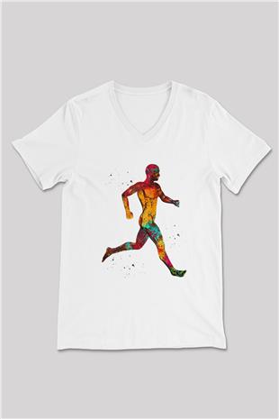 Koşan Kaslı Adam Baskılı Unisex V Yaka Beyaz Tişört - Tshirt