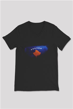 Kosova - Kosovo Bayrağı Baskılı Unisex Siyah V Yaka Tişört