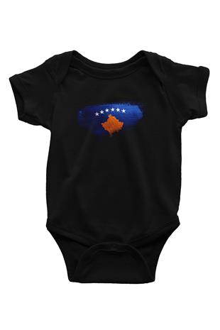 Kosova - Kosovo Bayrağı Baskılı Unisex Siyah Bebek Body - Zıbın