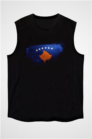 Kosova - Kosovo Bayrağı Baskılı Unisex Siyah Kolsuz Tişört
