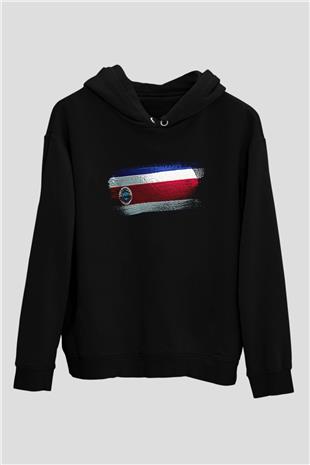Kosta Rika - Costa Rica Bayrağı Baskılı Unisex Siyah Kapüşonlu Sweatshirt