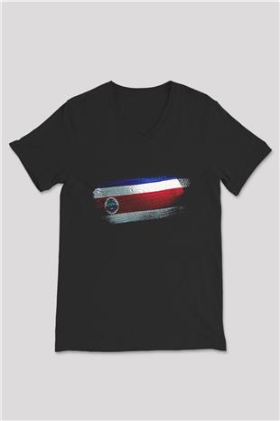 Kosta Rika - Costa Rica Bayrağı Baskılı Unisex Siyah V Yaka Tişört