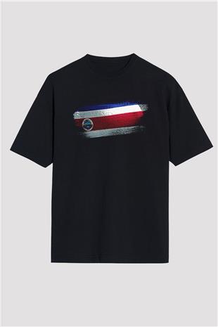 Kosta Rika - Costa Rica Bayrağı Baskılı Unisex Siyah Oversize Tişört