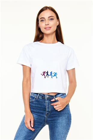 Koşu Baskılı Crop Top Beyaz Tişört - T-shirt