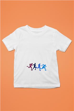Koşu Baskılı Unisex Beyaz Çocuk Tişört - Tshirt