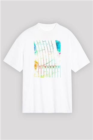 Koşu Baskılı Unisex Beyaz Oversize Tişört - Tshirt