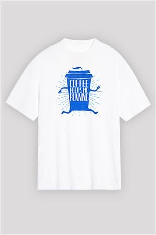 Koşu Baskılı Unisex Beyaz Oversize Tişört - Tshirt