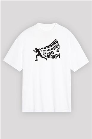 Koşu Baskılı Unisex Beyaz Oversize Tişört - Tshirt