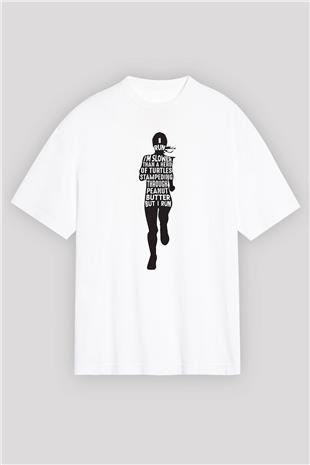 Koşu Baskılı Unisex Beyaz Oversize Tişört - Tshirt