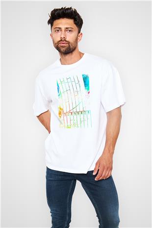 Koşu Baskılı Unisex Beyaz Oversize Tişört - Tshirt
