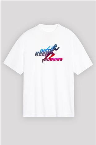 Koşu Baskılı Unisex Beyaz Oversize Tişört - Tshirt