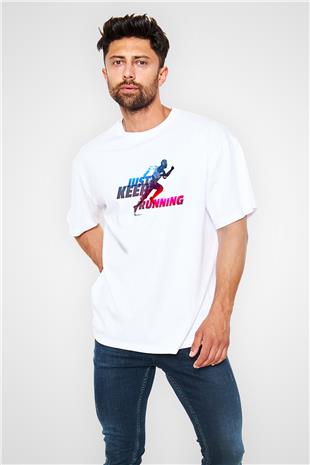 Koşu Baskılı Unisex Beyaz Oversize Tişört - Tshirt