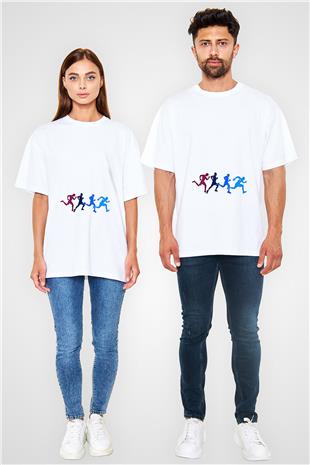 Koşu Baskılı Unisex Beyaz Oversize Tişört - Tshirt