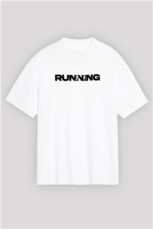 Koşu Baskılı Unisex Beyaz Oversize Tişört - Tshirt