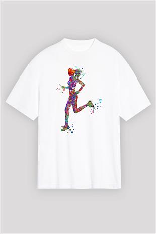 Koşu Baskılı Unisex Beyaz Oversize Tişört - Tshirt