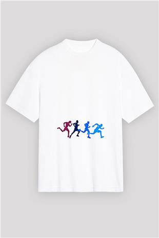 Koşu Baskılı Unisex Beyaz Oversize Tişört - Tshirt
