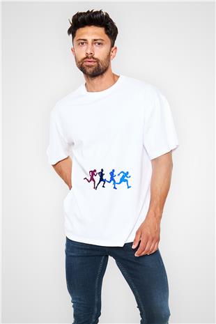 Koşu Baskılı Unisex Beyaz Oversize Tişört - Tshirt