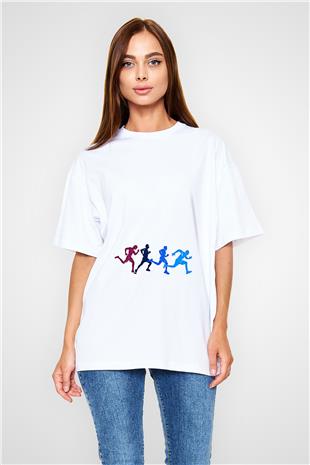 Koşu Baskılı Unisex Beyaz Oversize Tişört - Tshirt