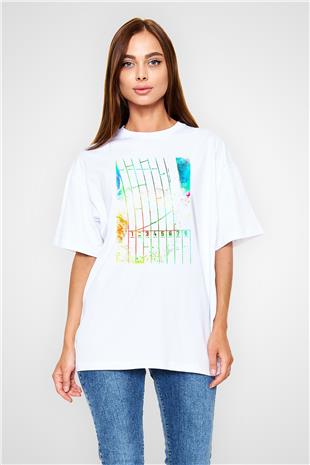 Koşu Baskılı Unisex Beyaz Oversize Tişört - Tshirt
