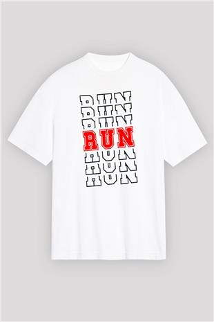 Koşu Baskılı Unisex Beyaz Oversize Tişört - Tshirt