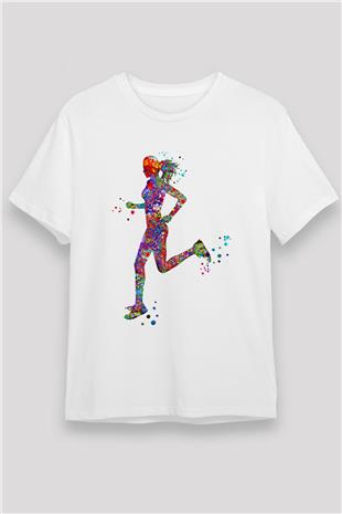 Koşu Baskılı Unisex Beyaz Tişört - Tshirt