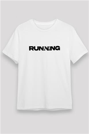 Koşu Baskılı Unisex Beyaz Tişört - Tshirt