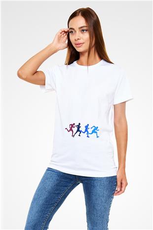 Koşu Baskılı Unisex Beyaz Tişört - Tshirt