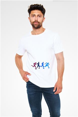 Koşu Baskılı Unisex Beyaz Tişört - Tshirt