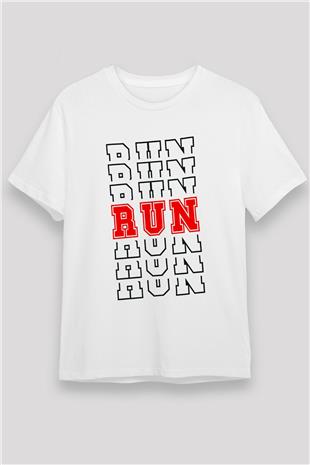 Koşu Baskılı Unisex Beyaz Tişört - Tshirt