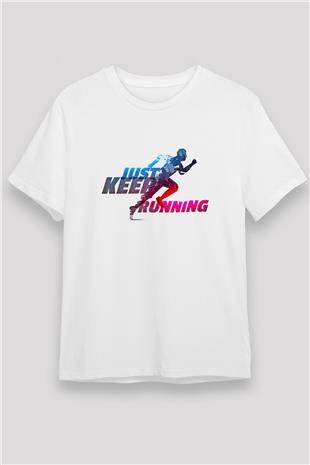 Koşu Baskılı Unisex Beyaz Tişört - Tshirt