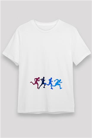 Koşu Baskılı Unisex Beyaz Tişört - Tshirt