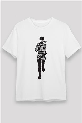 Koşu Baskılı Unisex Beyaz Tişört - Tshirt