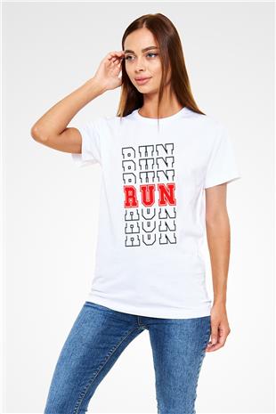 Koşu Baskılı Unisex Beyaz Tişört - Tshirt
